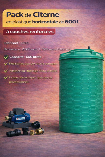 Pack de Citerne en plastique horizontale 600L à couches renforcées