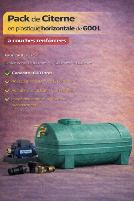 Pack de Citerne en plastique horizontale 600L à couches renforcées