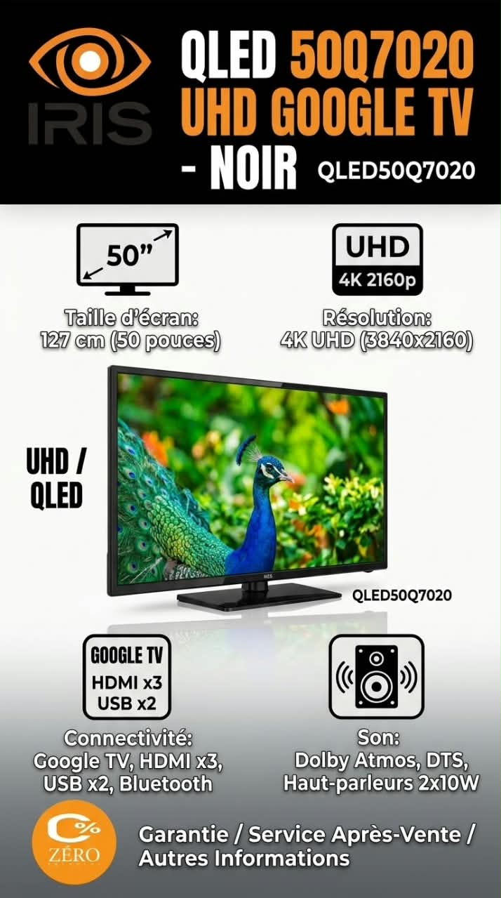 tv2 TV QLED IRIS 50" 4K Google TV – Noir – Image 1