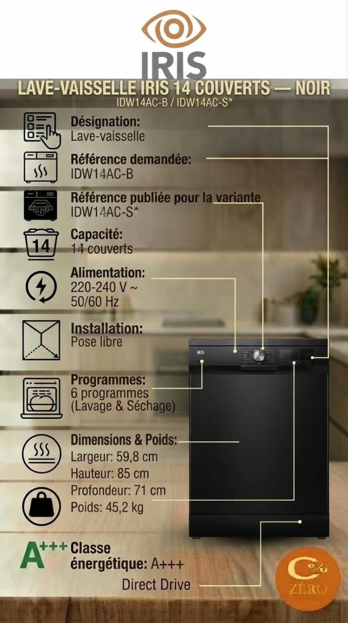 41 Lave-Vaisselle IRIS 14 Couverts – Noir – Image 1