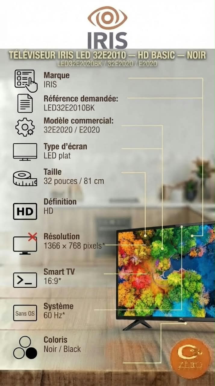 45 Téléviseur LED IRIS 32 pouces HD Basic E2020 – Noir – Image 1