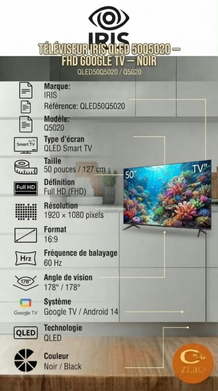 Téléviseur QLED IRIS 50 pouces Full HD Google TV Q5020 – Noir