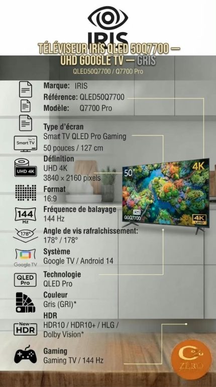 Téléviseur QLED Pro IRIS 50 pouces 4K UHD Google TV Q7700 Pro – Gris