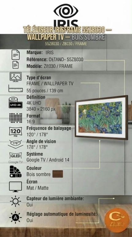 Téléviseur QLED IRIS FRAME 55 pouces 4K UHD Google TV – Bois Sombre