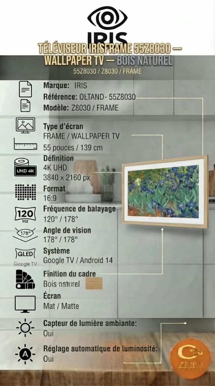 51 Téléviseur QLED IRIS FRAME 55 pouces 4K UHD Google TV – Bois Naturel – Image 1