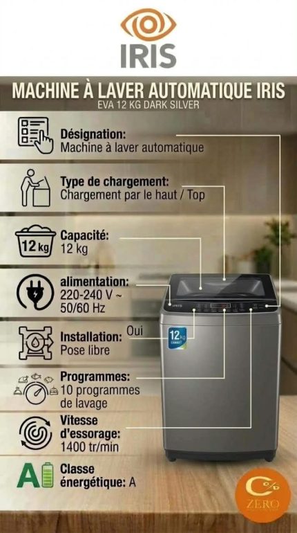 Machine à Laver IRIS EVA 12 kg – Dark Silver