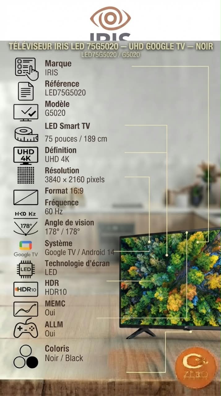 P46 Téléviseur LED IRIS 75 pouces UHD 4K Google TV G5020 – Noir – Image 1