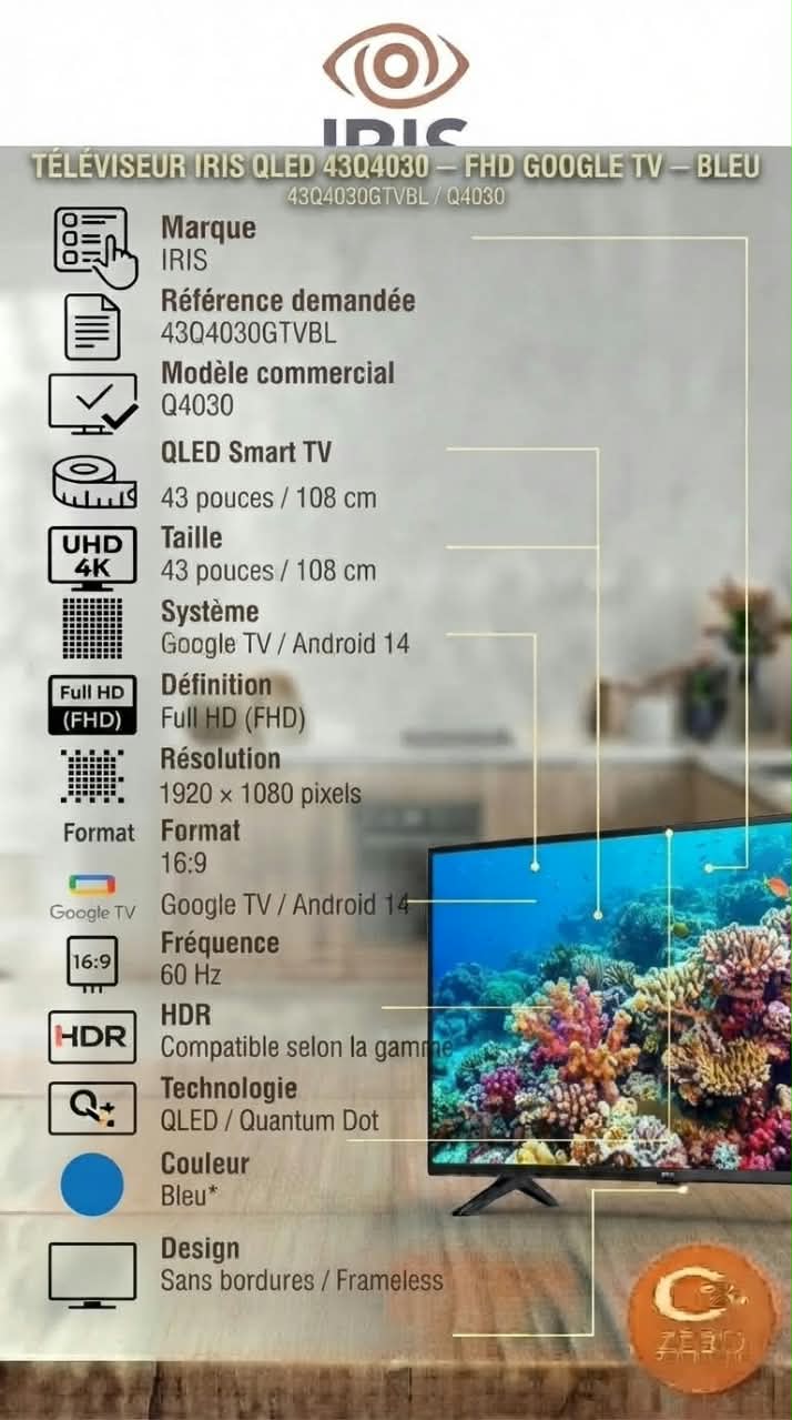 P47 Téléviseur QLED IRIS 43 pouces Full HD Google TV Q4030 – Bleu – Image 1