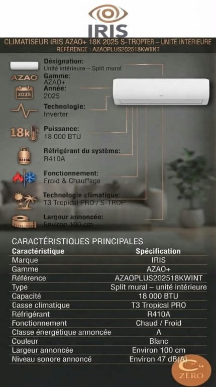 CLIMATISEUR IRIS AZAO+ 18K 2025 S-TROP INVERTER – UNITÉ INTÉRIEURE