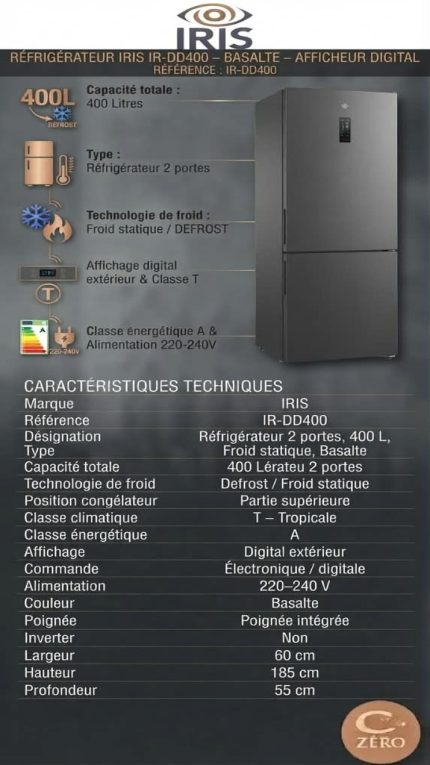 Réfrigérateur IRIS 400 L – 2 Portes – Basalte – Afficheur Digital