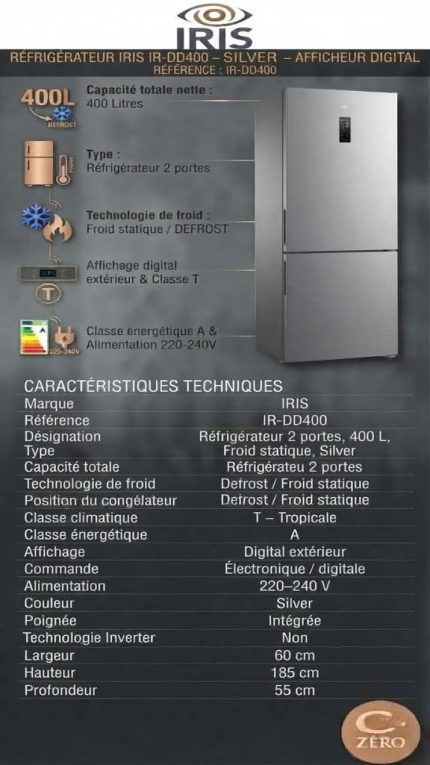 Réfrigérateur IRIS 400 L – 2 Portes – Silver – Afficheur Digital