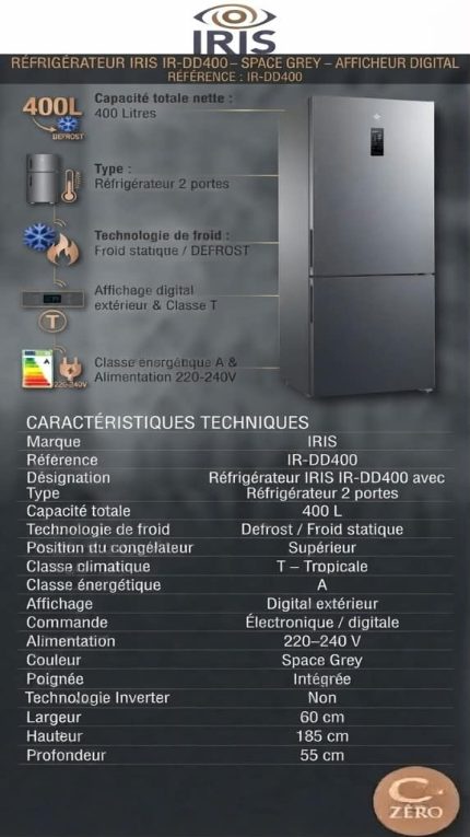 Réfrigérateur IRIS 400 L – 2 Portes – Space Grey – Afficheur Digital