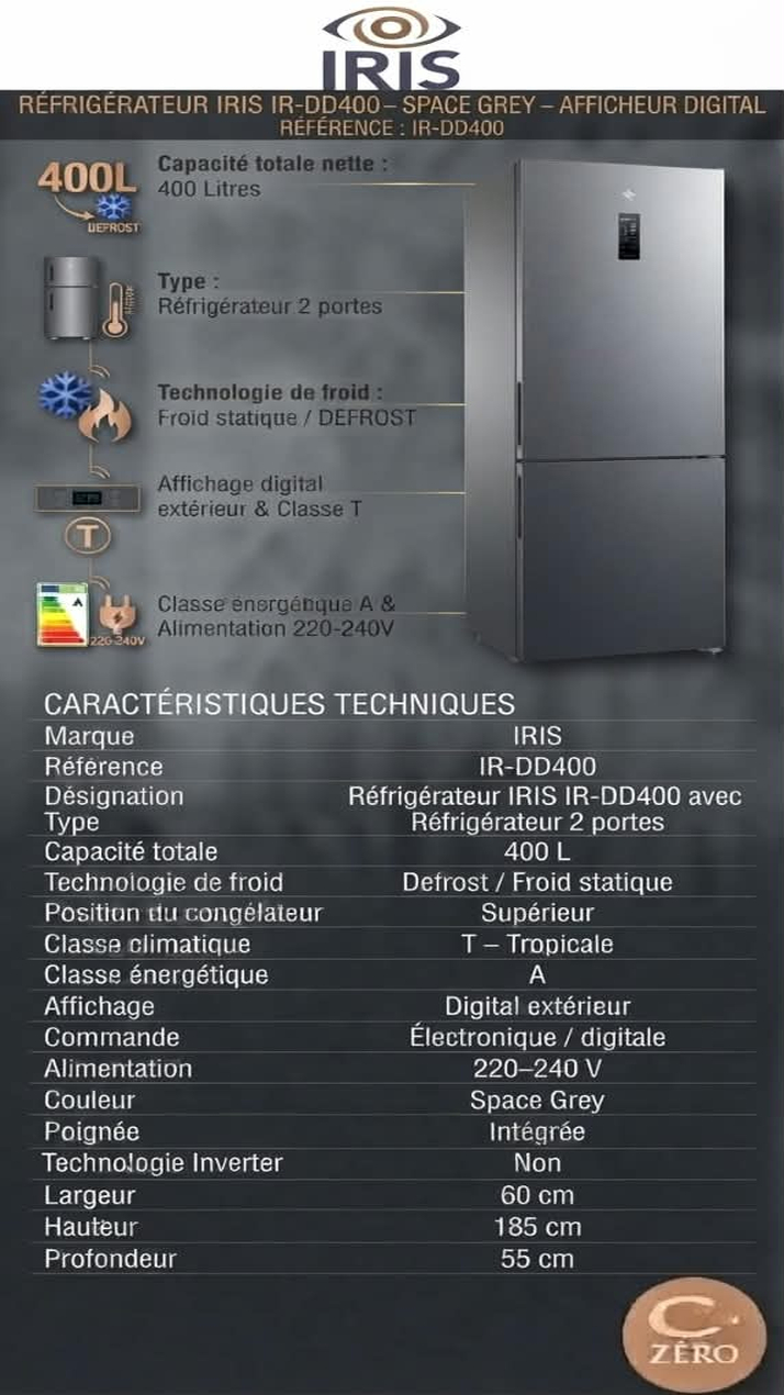 P64_T Réfrigérateur IRIS 400 L – 2 Portes – Space Grey – Afficheur Digital – Image 1