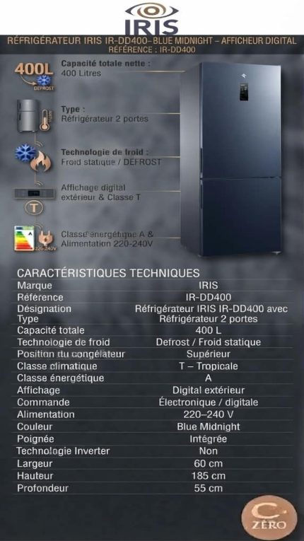 Réfrigérateur IRIS 400 L – 2 Portes – Blue Midnight – Afficheur Digital