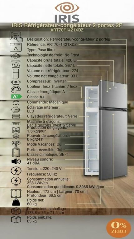 Réfrigérateur-Congélateur IRIS 420 L – 2 Portes – No Frost – Inox Titanium