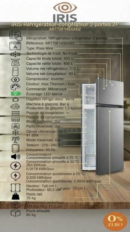 Réfrigérateur-Congélateur IRIS 455 L – 2 Portes – No Frost – Inox Titanium