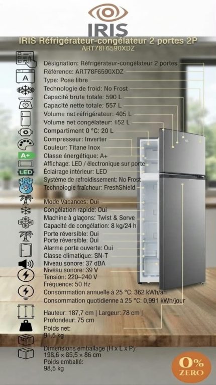 Réfrigérateur-Congélateur IRIS 590 L – 2 Portes – No Frost – Titane Inox