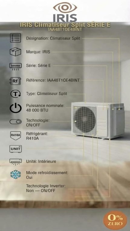 Climatiseur IRIS Série E 48KT1 – 48 000 BTU – ON/OFF – Unité Intérieure