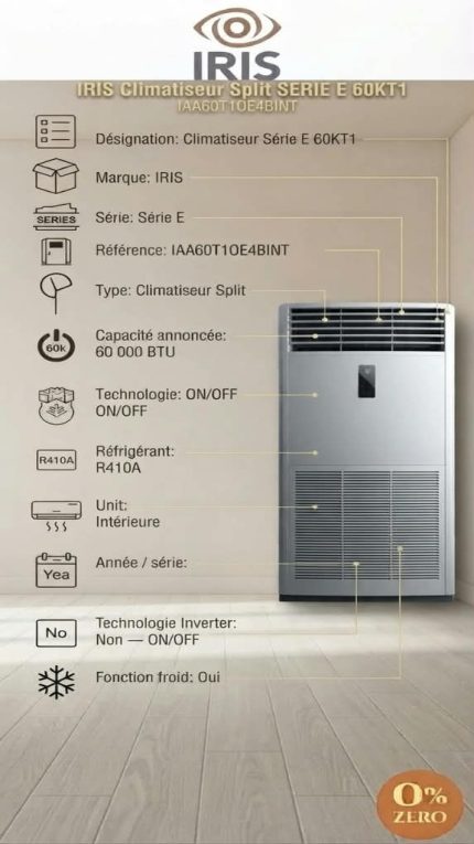 Climatiseur Split IRIS Série E 60KT1 – 60 000 BTU – ON/OFF – R410A – Unité Intérieure