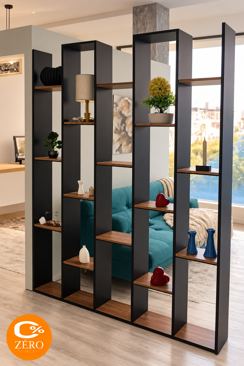 PMD11 Niche Décorative Séparatrice à Compartiments – Noir et Bois Naturel – Image 1
