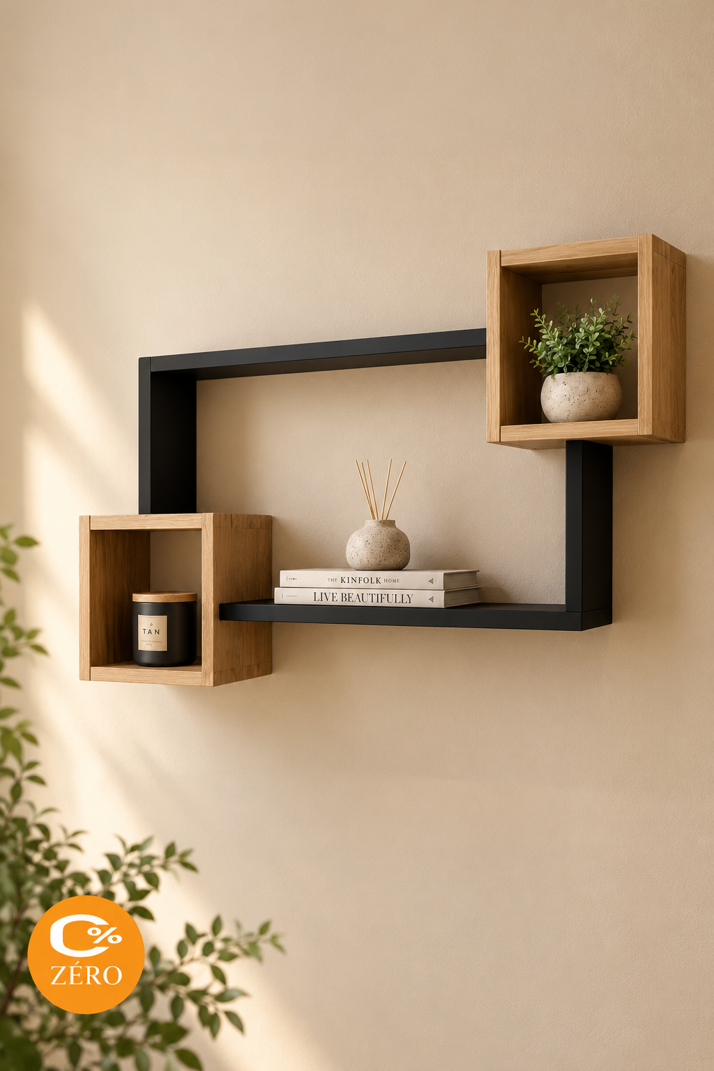 PMD7 Décoration Murale Géométrique à Deux Niches – Noir et Bois Naturel – Image 1