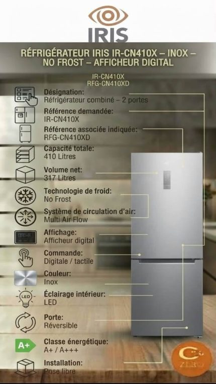 Réfrigérateur IRIS 410 L – No Frost – 2 Portes – Inox – Afficheur Digital