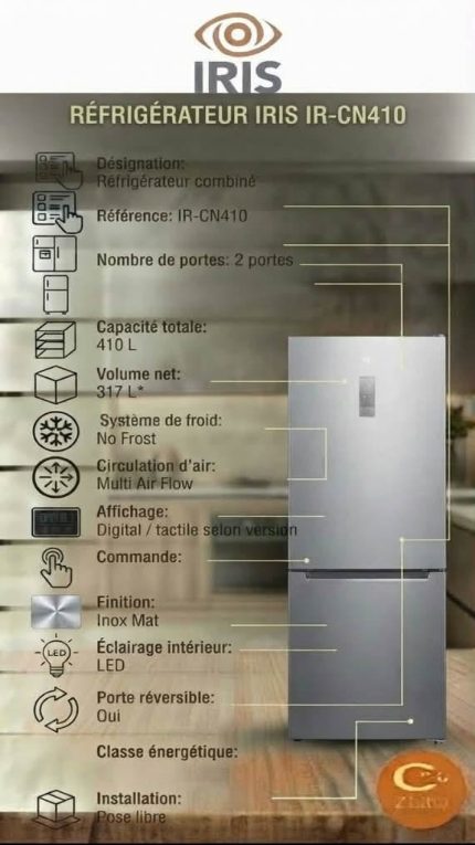 Réfrigérateur IRIS 410 L – No Frost – 2 Portes – Inox Mat – Afficheur Digital