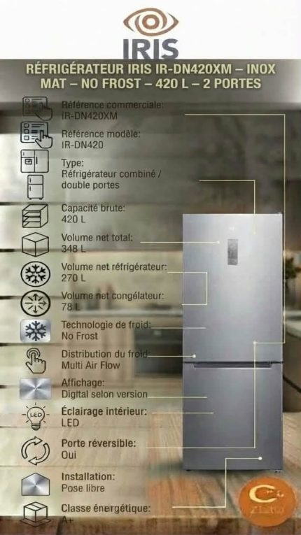 Réfrigérateur IRIS 420 L – No Frost – 2 Portes – Inox Mat – Afficheur Digital