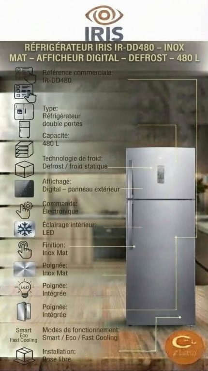 Réfrigérateur IRIS 480 L – 2 Portes – Defrost – Inox Mat – Afficheur Digital