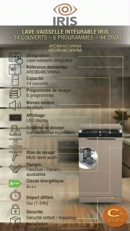 Lave-Vaisselle Encastrable IRIS 14 Couverts – 8 Programmes