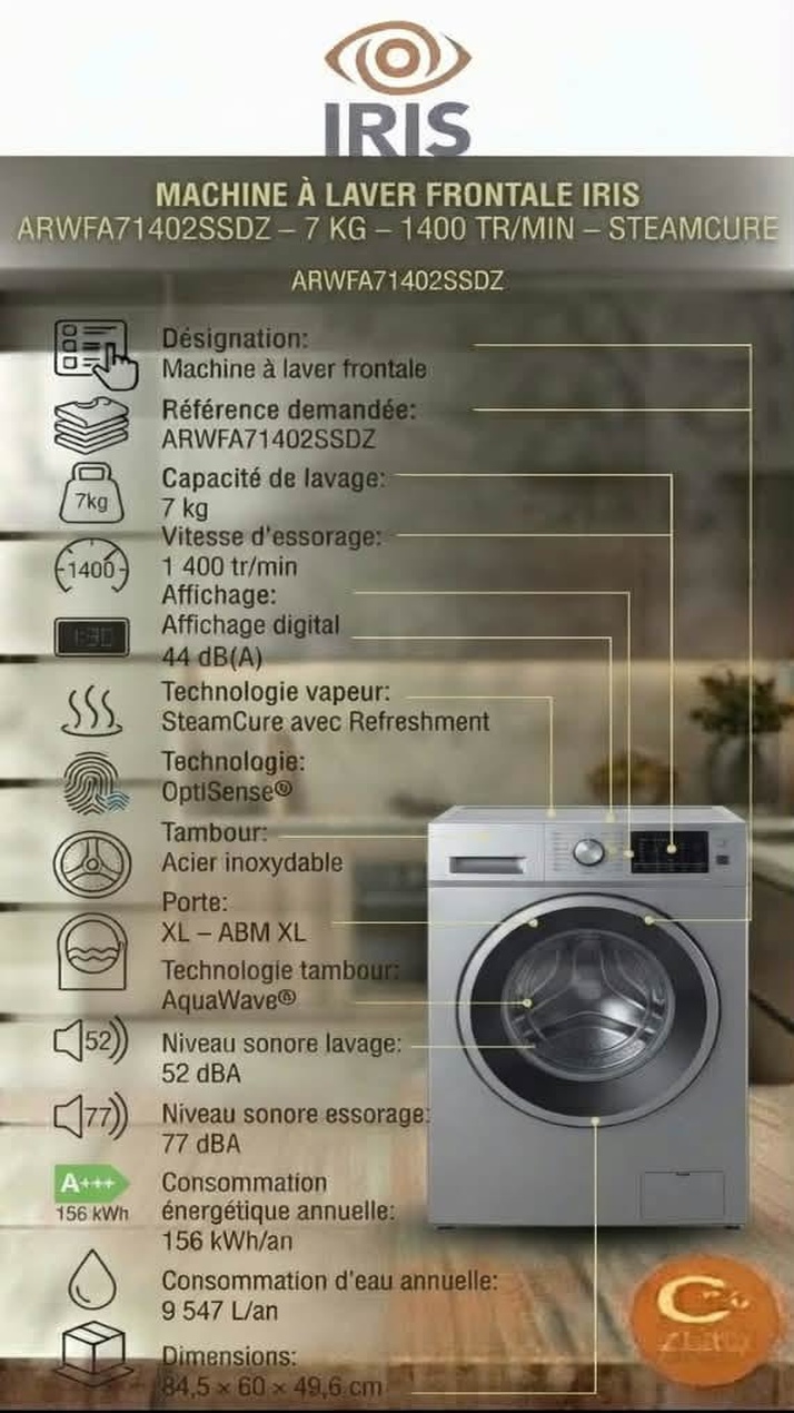 PP72_same_size Machine à Laver IRIS Frontale 7 kg – 1400 tr/min – Silver – Image 1