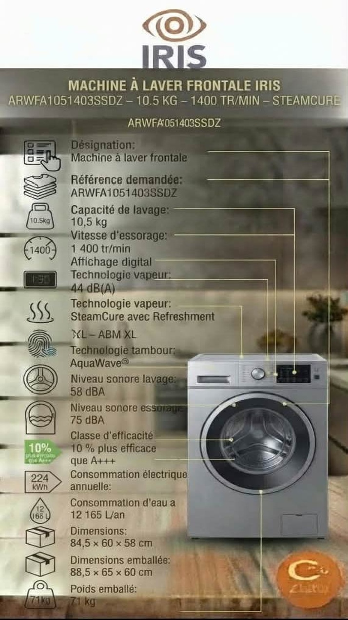 PP73_same_size Machine à Laver IRIS Frontale 10,5 kg – 1400 tr/min – Silver – Image 1